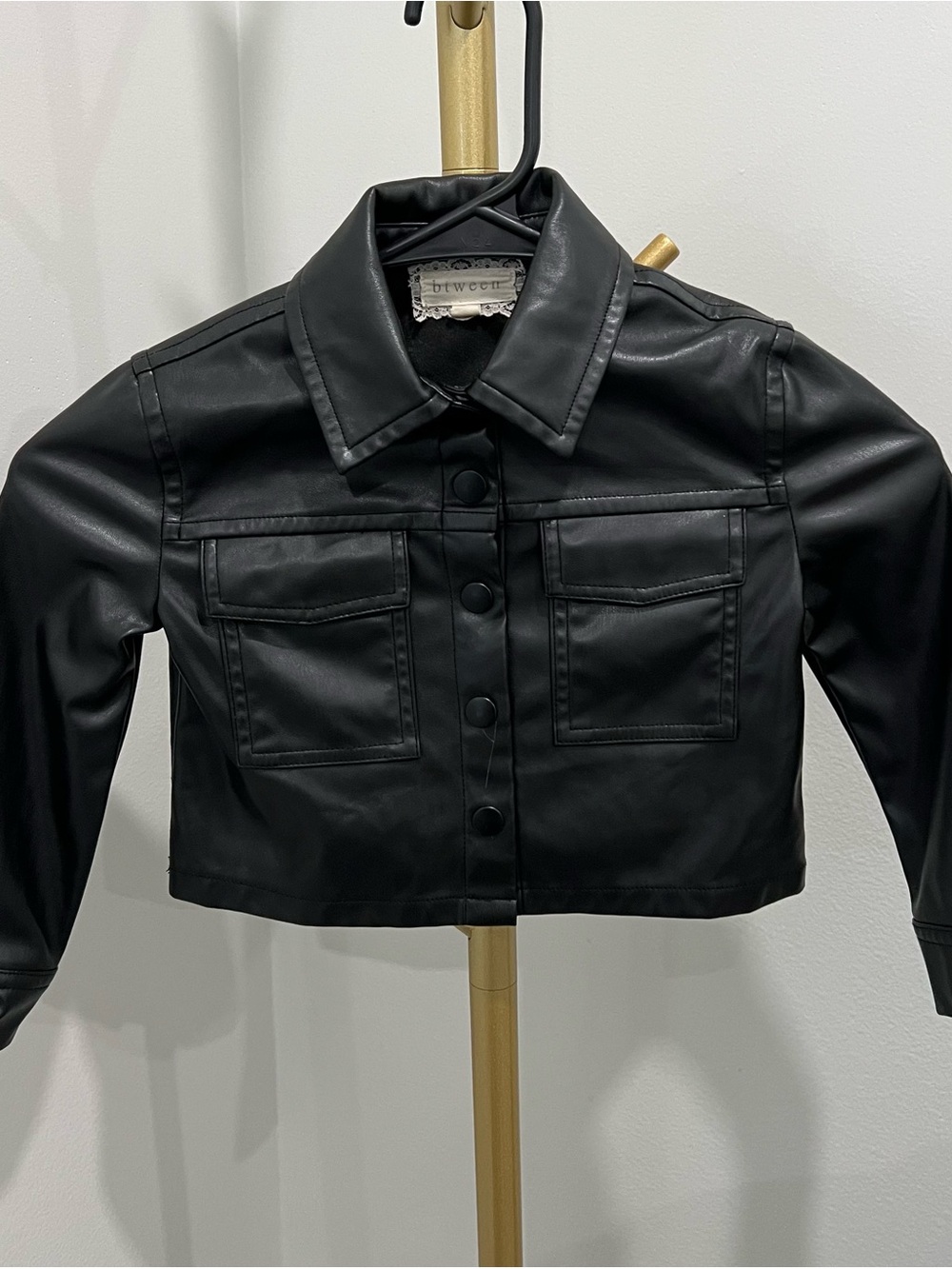 btween Black Cropped Faux Leather Button-Front Jacket